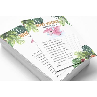 Jogo Quem Conhece Melhor a Mamãe para Chá de Bebê — Jogos, Atividades e Decorações, Tema Dinossauro — Pacote de 50 - Inkdotpot 12,7 Cm × 17,78 Cm / Branco