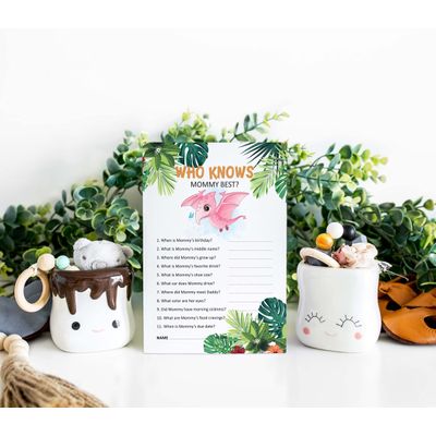 Jogo Quem Conhece Melhor a Mamãe para Chá de Bebê — Jogos, Atividades e Decorações, Tema Dinossauro — Pacote de 50 - Inkdotpot 12,7 Cm × 17,78 Cm / Branco