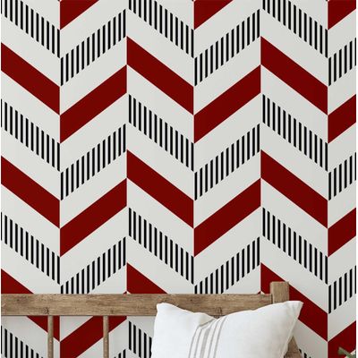 Papel de Parede Autoadesivo Estampa Espinha de Peixe Vermelha, Vinílico Removível para Parede de Destaque da Entrada, Decoração - S4sassy 63,5 cm (L) × 609,6 cm (C) / Vermelho - Vinil Liso