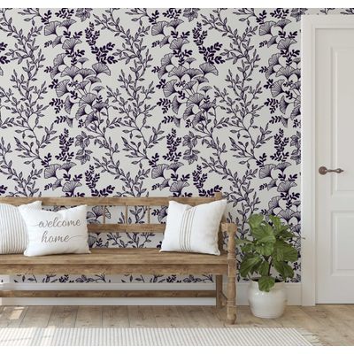 Papel de Parede Autoadesivo Removível com Ramos Botânicos, Mural Roxo para Quarto, Banheiro, Lavanderia e Closet Interno - S4Sassy 63,5 cm (L) × 609,6 cm (C) / Roxo - Vinil Liso