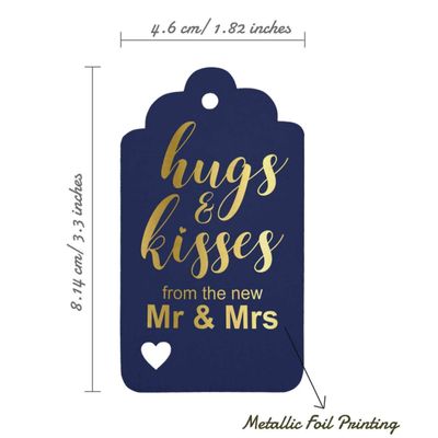 Etiquetas Pendentes Metalizadas para Lembrancinhas de Garrafa de Casamento 'Abraços e Beijos' - Inkdotpot 100 Etiquetas Metalizadas / Azul - Dourado
