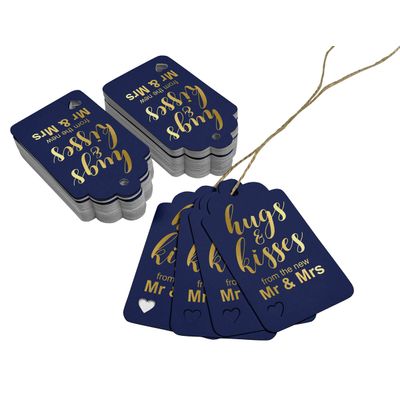 Etiquetas Pendentes Metalizadas para Lembrancinhas de Garrafa de Casamento 'Abraços e Beijos' - Inkdotpot 100 Etiquetas Metalizadas / Azul - Dourado