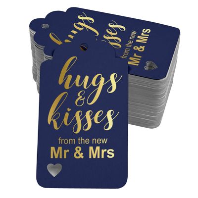 Etiquetas Pendentes Metalizadas para Lembrancinhas de Garrafa de Casamento 'Abraços e Beijos' - Inkdotpot 100 Etiquetas Metalizadas / Azul - Dourado