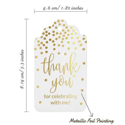 Etiquetas de Papel para Lembrancinha de Aniversário 'Obrigado por Celebrar Comigo' com Foil Artesanal para Pendurar - Inkdotpot 100 Etiquetas Metalizadas / Branco - Prata