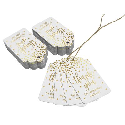 Etiquetas de Papel para Lembrancinha de Aniversário 'Obrigado por Celebrar Comigo' com Foil Artesanal para Pendurar - Inkdotpot 100 Etiquetas Metalizadas / Branco - Prata