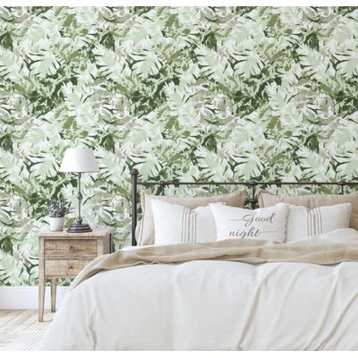 Papel de Parede Folhas Abstratas Verde, Vinil Autoadesivo Decorativo, Aplicação Fácil DIY para Quarto e Sala de Estar - S4Sassy 63,5 cm (L) × 914,4 cm (C) / Verde - Vinil Liso