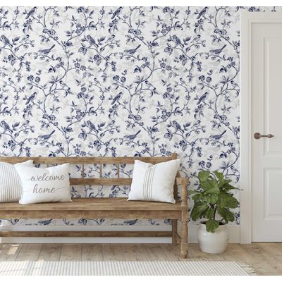 Papel de Parede Autoadesivo Vintage Pássaro e Flor Azul, Vinil Removível DIY para Parede de Entrada, Solução Fácil - S4sassy 63,5 cm (L) × 152,4 cm (C) / Azul - Vinil Liso