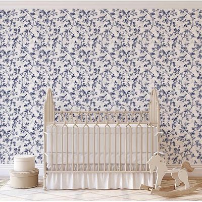 Papel de Parede Autoadesivo Vintage Pássaro e Flor Azul, Vinil Removível DIY para Parede de Entrada, Solução Fácil - S4sassy 63,5 cm (L) × 152,4 cm (C) / Azul - Vinil Liso