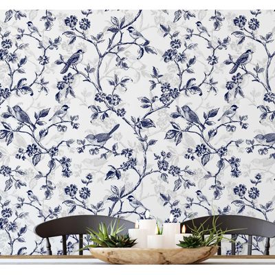 Papel de Parede Autoadesivo Vintage Pássaro e Flor Azul, Vinil Removível DIY para Parede de Entrada, Solução Fácil - S4sassy 63,5 cm (L) × 152,4 cm (C) / Azul - Vinil Liso