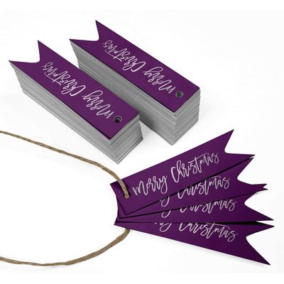 Etiquetas de Papel para Lembrancinhas 'Feliz Natal' com Folha Metálica para Pendurar - Inkdotpot 50 Etiquetas Metalizadas / Roxo - Prata