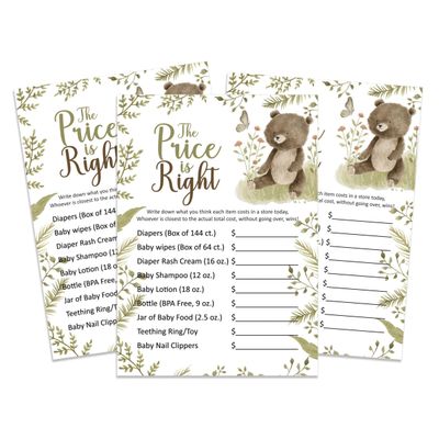 Jogo O Preço Certo para Chá de Bebê (Menina/Menino), Atividades e Decorações com Tema de Animais Fofos - Pacote com 50 - Inkdotpot 12,7 Cm × 17,78 Cm / Branco