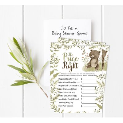 Jogo O Preço Certo para Chá de Bebê (Menina/Menino), Atividades e Decorações com Tema de Animais Fofos - Pacote com 50 - Inkdotpot 12,7 Cm × 17,78 Cm / Branco