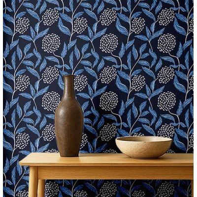 Papel de Parede Vinílico Autoadesivo Removível, Motivo Botânico Chic — Azul, Renovação Instantânea para Banheiro e Lavanderia - S4Sassy 63,5 cm (L) × 304,8 cm (C) / Azul - Vinil Liso