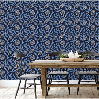 Papel de Parede Vinílico Autoadesivo Removível, Motivo Botânico Chic — Azul, Renovação Instantânea para Banheiro e Lavanderia - S4Sassy 63,5 cm (L) × 304,8 cm (C) / Azul - Vinil Liso