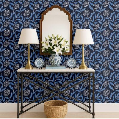 Papel de Parede Vinílico Autoadesivo Removível, Motivo Botânico Chic — Azul, Renovação Instantânea para Banheiro e Lavanderia - S4Sassy 63,5 cm (L) × 304,8 cm (C) / Azul - Vinil Liso