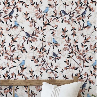 Papel de Parede Autoadesivo Monocromático Pássaro e Galho Marrom Removível, Vinil para Parede de Entrada, Decoração Fácil - S4sassy 63,5 cm (L) × 609,6 cm (C) / Marrom - Vinil Liso