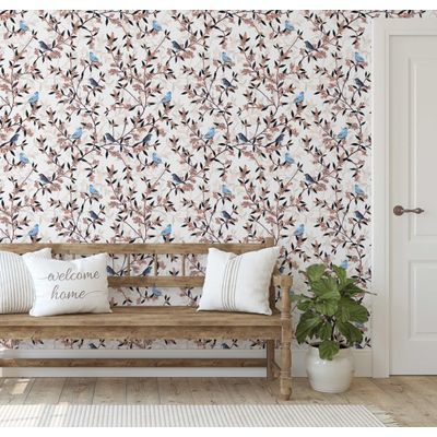 Papel de Parede Autoadesivo Monocromático Pássaro e Galho Marrom Removível, Vinil para Parede de Entrada, Decoração Fácil - S4sassy 63,5 cm (L) × 609,6 cm (C) / Marrom - Vinil Liso