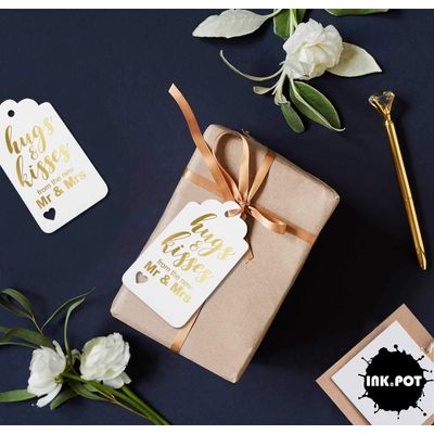 Novas Etiquetas de Papel Pendentes com Foil Artesanal para Lembrancinhas de Casamento 'Hugs and Kisses' - Inkdotpot 50 Etiquetas Metalizadas / Branco - Ouro Rosé