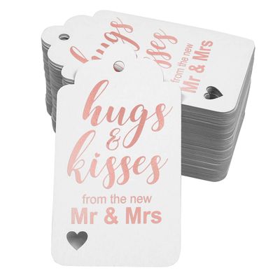 Novas Etiquetas de Papel Pendentes com Foil Artesanal para Lembrancinhas de Casamento 'Hugs and Kisses' - Inkdotpot 50 Etiquetas Metalizadas / Branco - Ouro Rosé