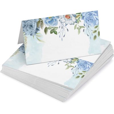 Pacote com 24 Cartões Tenda Impressos para Mesa - Casamento, Ação de Graças, Natal, Buffet/Catering - Cartões de Nome (Floral) - Inkdotpot 10,16 Cm × 8,89 Cm / Azul