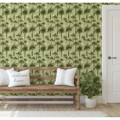 Papel de Parede Paraíso das Palmeiras Verde Tropical, Vinil Autoadesivo Decorativo, DIY Fácil para Quarto e Sala - S4Sassy 63,5 cm (L) × 914,4 cm (C) / Verde - Vinil Liso