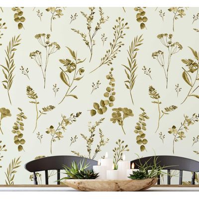 Papel de Parede Autoadesivo Verde Estampa Botânica Aquarelada, Vinil Removível para Parede de Destaque da Entrada - S4sassy 63,5 cm (L) × 304,8 cm (C) / Verde - Vinil Liso