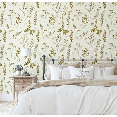 Papel de Parede Autoadesivo Verde Estampa Botânica Aquarelada, Vinil Removível para Parede de Destaque da Entrada - S4sassy 63,5 cm (L) × 304,8 cm (C) / Verde - Vinil Liso