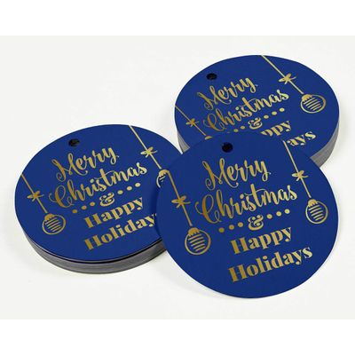 Etiquetas Pendentes de Papel para Lembrancinha Feliz Natal e Boas Festas Metalizadas para Artesanato - Inkdotpot 100 Etiquetas Metalizadas / Azul - Dourado