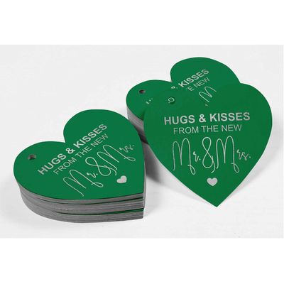 Etiquetas Pendentes Metalizadas para Lembrancinhas de Garrafa de Casamento 'Beijos e Abraços' - Inkdotpot 50 Etiquetas Metalizadas / Verde - Prata