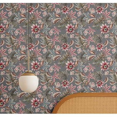 Revestimento de Parede Autoadesivo Removível Estampa Floral Tropical Trepadeira Cinza para Banheiro e Lavanderia Vinil - S4Sassy 63,5 cm (L) × 152,4 cm (C) / Cinza - Vinil Liso