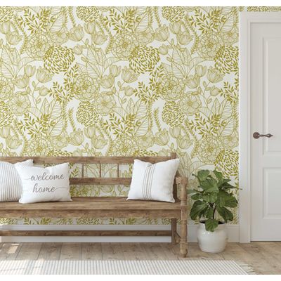 Revestimento de Parede Autoadesivo Removível Jardim Floral Amarelo, Mural Instantâneo para Quarto, Banheiro, Lavanderia e Closet - S4Sassy 63,5 cm (L) × 609,6 cm (C) / Amarelo - Vinil Liso