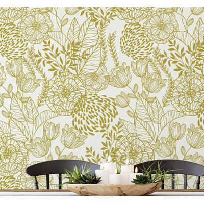 Revestimento de Parede Autoadesivo Removível Jardim Floral Amarelo, Mural Instantâneo para Quarto, Banheiro, Lavanderia e Closet - S4Sassy 63,5 cm (L) × 609,6 cm (C) / Amarelo - Vinil Liso