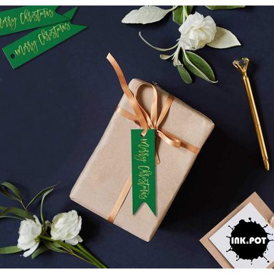 Etiqueta de Papel Metalizada Artesanal para Lembrancinha 'Feliz Natal' para Pendurar - Inkdotpot 100 Etiquetas Metalizadas / Verde - Dourado