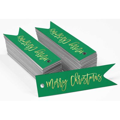 Etiqueta de Papel Metalizada Artesanal para Lembrancinha 'Feliz Natal' para Pendurar - Inkdotpot 100 Etiquetas Metalizadas / Verde - Dourado