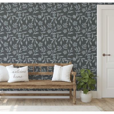 Papel de Parede Autoadesivo, Ramo de Papoula Rústico, Vinil Impermeável Cinza, Removível, Ideal para Inquilinos, Quarto e Sala - S4sassy 63,5 cm (L) × 304,8 cm (C) / Cinza - Vinil Liso