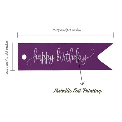 Etiquetas de Papel para Pendurar "Feliz Aniversário" com Acabamento Metalizado para Lembrancinhas - Inkdotpot 50 Etiquetas Metalizadas / Roxo - Prata