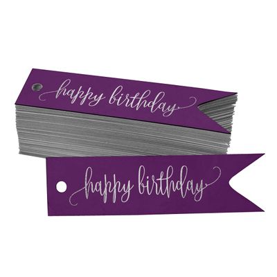 Etiquetas de Papel para Pendurar "Feliz Aniversário" com Acabamento Metalizado para Lembrancinhas - Inkdotpot 50 Etiquetas Metalizadas / Roxo - Prata