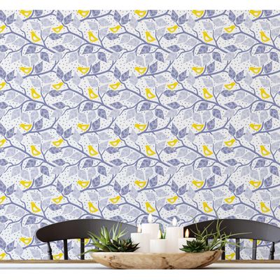 Papel de Parede Pássaro Azul e Galho para Paredes Roxas, Vinil Autoadesivo, Aplicação Fácil para Quarto Infantil e Brinquedoteca - S4Sassy 63,5 cm (L) × 304,8 cm (C) / Roxo - Vinil Liso