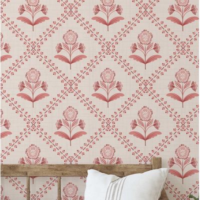 Papel de Parede Vinílico Autoadesivo Buti Floral Diagonal Removível, Mural Estilo Asiático para Banheiro, Lavanderia, Closet - S4Sassy 63,5 cm (L) × 304,8 cm (C) / Laranja - Vinil Liso