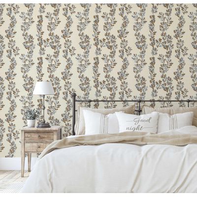 Papel de Parede Autoadesivo Vinílico Removível Bege Estampa Vintage de Trepadeira para Parede de Entrada, Decoração Fácil - S4sassy 63,5 cm (L) × 914,4 cm (C) / Bege - Vinil Texturizado