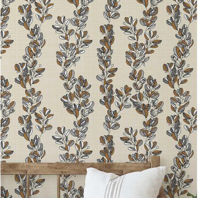 Papel de Parede Autoadesivo Vinílico Removível Bege Estampa Vintage de Trepadeira para Parede de Entrada, Decoração Fácil - S4sassy 63,5 cm (L) × 914,4 cm (C) / Bege - Vinil Texturizado
