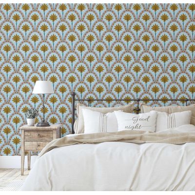 Papel de Parede com Estampa em Arco de Palmeiras Azul, Vinílico Autoadesivo, Revestimento Decorativo DIY Fácil para Quarto e Sala - S4Sassy 63,5 cm (L) × 152,4 cm (C) / Azul - Vinil Liso