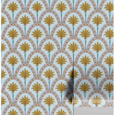Papel de Parede com Estampa em Arco de Palmeiras Azul, Vinílico Autoadesivo, Revestimento Decorativo DIY Fácil para Quarto e Sala - S4Sassy 63,5 cm (L) × 152,4 cm (C) / Azul - Vinil Liso