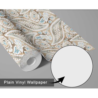 Papel de Parede Vinílico Autoadesivo Estampa Paisley Floral em Bloco Bege, Fácil DIY para Quarto Estilo Fazenda, Armários e Salas - S4Sassy 63,5 cm (L) × 152,4 cm (C) / Bege - Vinil Liso