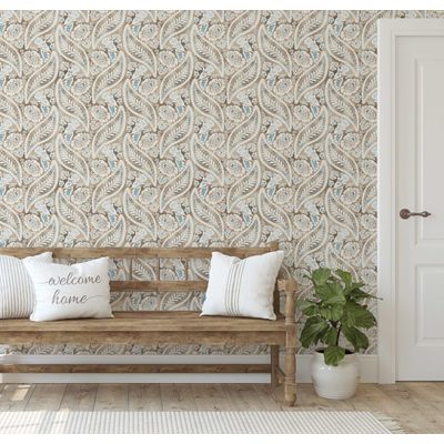 Papel de Parede Vinílico Autoadesivo Estampa Paisley Floral em Bloco Bege, Fácil DIY para Quarto Estilo Fazenda, Armários e Salas - S4Sassy 63,5 cm (L) × 152,4 cm (C) / Bege - Vinil Liso