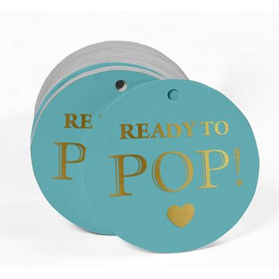 Etiquetas de Papel para Lembrancinhas de Chá de Bebê 'Ready to Pop' com Foil Artesanal para Pendurar - Inkdotpot 100 Etiquetas Metalizadas / Azul - Dourado