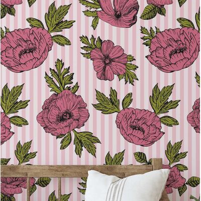 Papel de Parede Autoadesivo Listras de Peônia, Contact Vinílico à prova d'água, Rosa, Removível para Quarto e Sala de Jantar - S4sassy 63,5 cm (L) × 914,4 cm (C) / Rosa - Vinil Liso