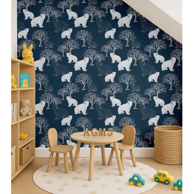 Papel de Parede Urso e Árvore Azul, Vinil Autoadesivo, Envelopamento Fácil DIY para Quarto Infantil e Sala de Brincar - S4Sassy 63,5 cm (L) × 609,6 cm (C) / Azul - Vinil Liso