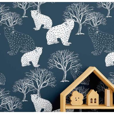 Papel de Parede Urso e Árvore Azul, Vinil Autoadesivo, Envelopamento Fácil DIY para Quarto Infantil e Sala de Brincar - S4Sassy 63,5 cm (L) × 609,6 cm (C) / Azul - Vinil Liso