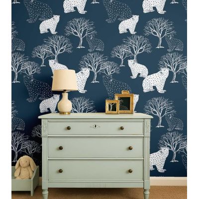 Papel de Parede Urso e Árvore Azul, Vinil Autoadesivo, Envelopamento Fácil DIY para Quarto Infantil e Sala de Brincar - S4Sassy 63,5 cm (L) × 609,6 cm (C) / Azul - Vinil Liso